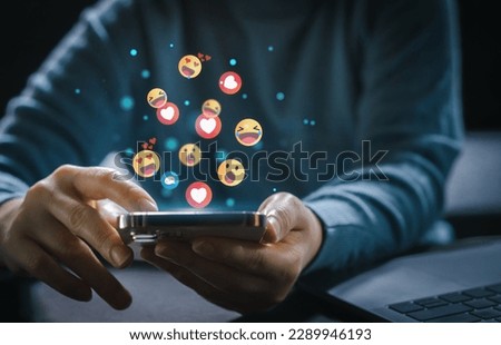 Concept of social media communication and digital online, people use smartphone playing with icon online social media, online marketing, technology, chat, post, like, follow at phone screen