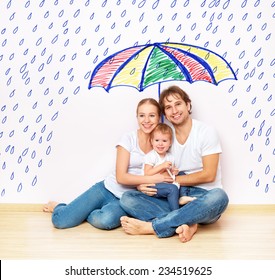 Concept: The Social Protection Of The Family. Family Took Refuge From The Miseries And Rain Under An Umbrella