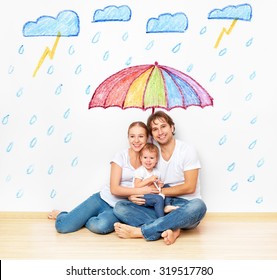 Concept: The Social Protection Of The Family. Family Took Refuge From The Miseries And Rain Under An Umbrella