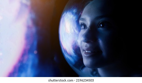 Concept: space expedition. Portrait Female astronaut in space on planet orbit                                - Powered by Shutterstock