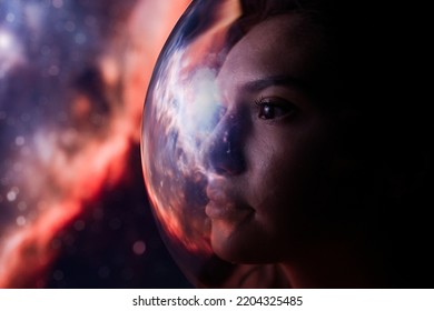Concept: space expedition. Portrait Female astronaut in space on planet orbit                              