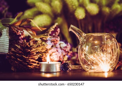 Concept of sparklers in Glass jar at night with  blurred light candle burning . - Powered by Shutterstock