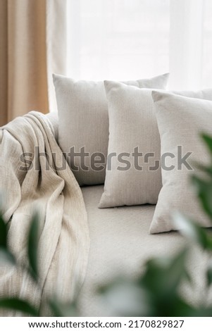 Concept of spending weekend in well furnished bedroom with plants. Selective focus on comfort couch with cushions in bright apartment with cozy living room. Scandinavian interior with white armchair