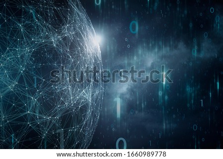 Concept sphere with binary data cyberspace network on dark cloudy background.