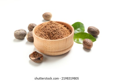 Concept of spices and condiments, nutmeg powder, close up