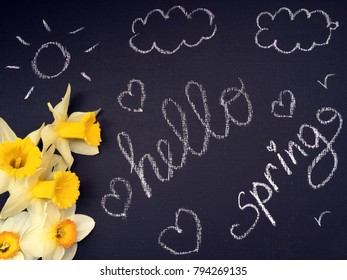 concept spring background. spring flatlay for instagram. spring daffodils