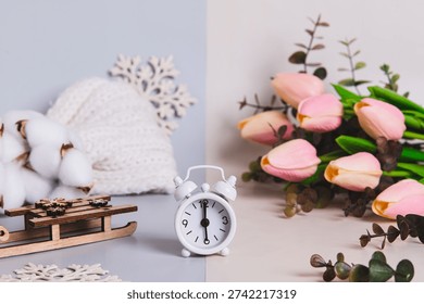 The concept of the spring equinox, the time between snow and flowers