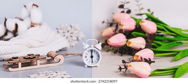 The concept of the spring equinox, the time between snow and flowers web banner
