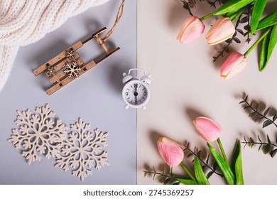 The concept of the spring equinox, the time between snow and flowers top view