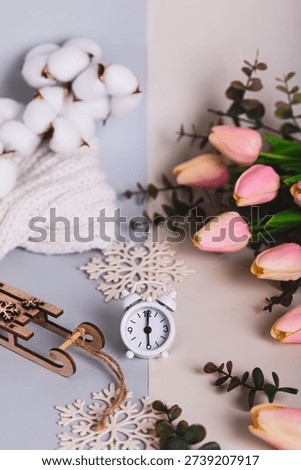 The concept of the spring equinox, the time between snow and flowers vertical view