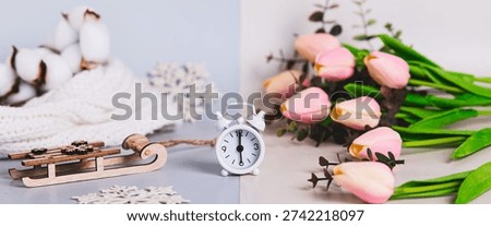 The concept of the spring equinox, the time between snow and flowers web banner