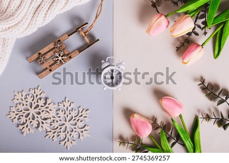 The concept of the spring equinox, the time between snow and flowers top view