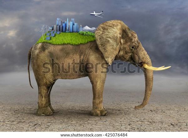 Concept of stability. Future world on the african\
elephant\'s back. Eco\
city.