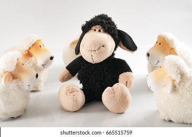 Concept For Standing Out, Being Different, Racial Diversity And Ethnic Divide, Being Excluded  And Racism  With A Toy Black Sheep Surrounded By A Flock Of White Sheeps