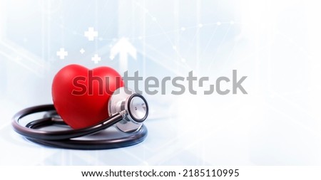 Concept stethoscope and red heart with Health insurance, doctor stethoscope and red heart check heart health care, instrument for checking heart on the white background represents exercise, isolated 