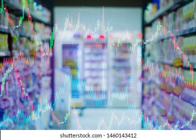 Concept Of Stock Market Volatility And Investment, Competition And Service In The Retail Business, Market Adjustment Planning Take Off,  
With Supermarket Background And Stock Charts