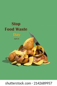 Concept Of Stop Food Waste Day. Potato Peels Are One Of The Most Commonly Discarded Items During Food Prep. Green Background.