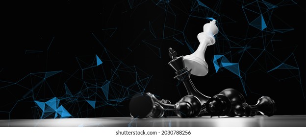 Concept Of Strategy Business Ideas For Innovation Planning And Planning Idea Chess Competition,futuristic Graphic Icon And White Chess Board Game Black Color Tone With Financial Stock Line Background.