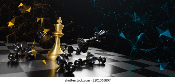 Concept of Strategy business ideas for Innovation planning and planning idea chess competition,futuristic graphic icon and gold chess board game black color tone with financial stock line background.