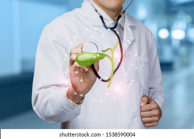 The concept study of the gallbladder. The doctor listens to gallbladder on blurred background.