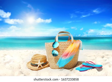 Concept Summer Holiday Accessories Bag Straw Stock Photo 1637233858 ...