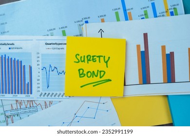 Concept of Surety Bond write on sticky notes isolated on Wooden Table.