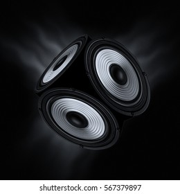 Concept Of Surround Sound. Object With Three Audio Speakers On Black Background.