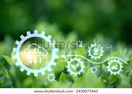 Concept of sustainability development by alternative energy, ESG, carbon natural, CO2 net zero.Double exposure graphic of over green renewable energy worker interface icon. 
