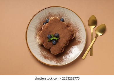 Concept of sweet food, Tiramisu cake, top view