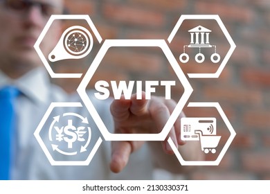 Concept Of SWIFT. Banking Electronic Web Payment Finance System. Society For Worldwide Interbank Financial Telecommunications. Man Using Virtual Touchscreen Presses SWIFT Inscription.