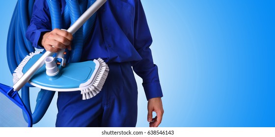 Concept swimming pool maintenance worker with tools and blue background. Horizontal composition. Front view