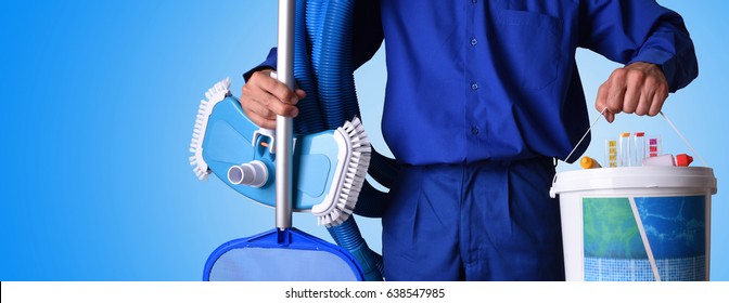 Concept swimming pool maintenance worker with chemical cleaning products and tools with blue background. Horizontal composition. Front view