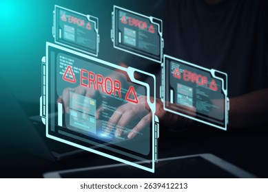 Concept of system error, cyber attack, or data breach digital technology. Cybersecurity issues, hacking, network problems with error messages and programming code. critical security vulnerability.