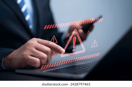Concept of system maintenance, security, virus protection and hacking prevention accessing important information.System warning caution sign for notification error.Data network protection.