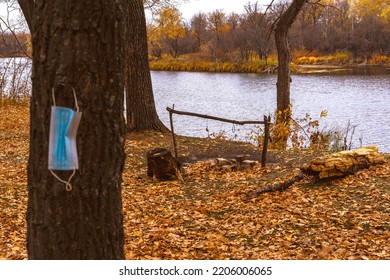 Concept. Take Off The Mask. Hide From People In Nature Where There Is No One. Autumn Nature. No People. Picnic In Nature. Everything For The Bonfire And The Pot. Tourism. Travel On The River, Lake.