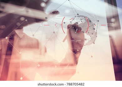 Concept Of Target Focus Digital Diagram,graph Interfaces,virtual UI Screen,connections Netwoork.businessman Working On New Platform Computer In Future Office