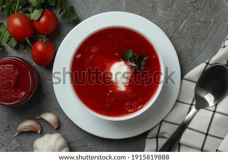 Similar – Image, Stock Photo Tasty beetroot soup borscht. Top view, flat lay