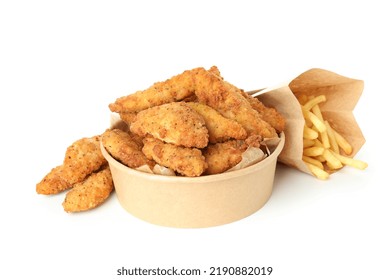 Concept Of Tasty Food With Chicken Strips Isolated On White Background