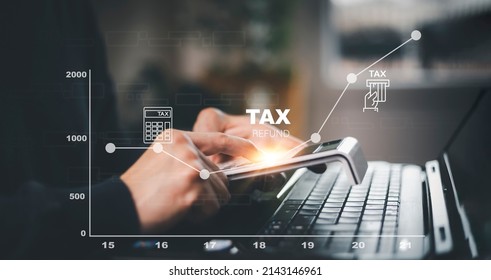 Concept of tax payment optimisation business finance,Man using calculator and taxes icon on technology screen,income tax and property, background for business, individuals and corporations such as VAT - Shutterstock ID 2143146961