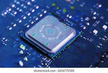Concept of Technology AI (Artificial intelligence), AI chip IC on board, PCB board, CPU.