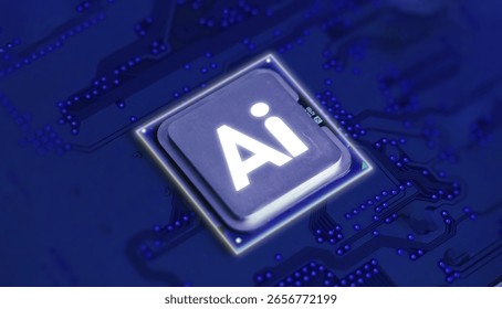 Concept of Technology AI (Artificial intelligence), AI chip IC on board, PCB board, CPU.