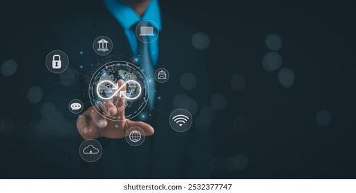 Concept of technology data link and global virtual internet connection. Businessman touch virtual infinity showing digital link tech or global networking, digital marketing,big data.metaverse world. - Powered by Shutterstock - Get 15% off with code: PIKWIZARD15