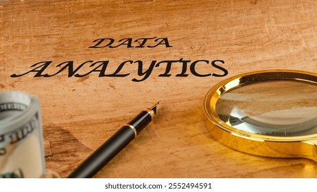 The concept of technology and development. Phrase, words, text DATA ANALYTICS text API written on paper, front view.