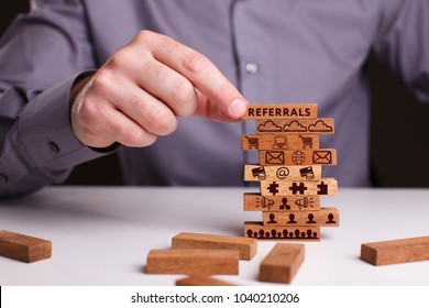 The Concept Of Technology, The Internet And The Network. Businessman Shows A Working Model Of Business: Referrals