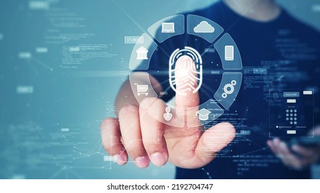 The concept of technology for logging in using fingerprint scanning electronic devices to access transaction applications through smartphones. Finger scan has polygon binary code icon on background.