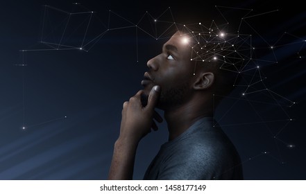 Concept Of Thinking. Thoughtful African Man With Illustration Of Brain Activity Process, Free Space