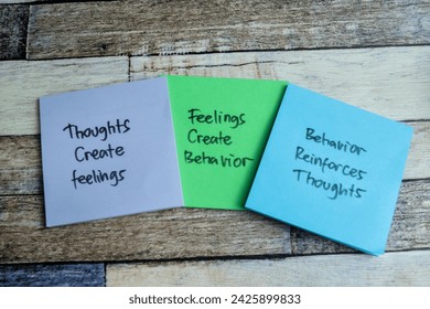 Concept of Thoughts Create Feelings - Feelings Create Behavior - Behavior Reinforces Thougts write on sticky notes isolated on Wooden Table.