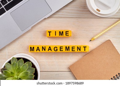 Concept Of Time Management. Planning Tasks And Setting Priorities For Productivity. Desktop With Tools For Work On Background.