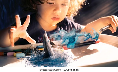 Concept Of Toddler Imagination, Dream Painting A Dolphin. Virtual Reality Or Augmented Reality Study. Dreamy Picture Of Kids Imagination And Fantasy Without Boundaries. Limitless Possibilities.