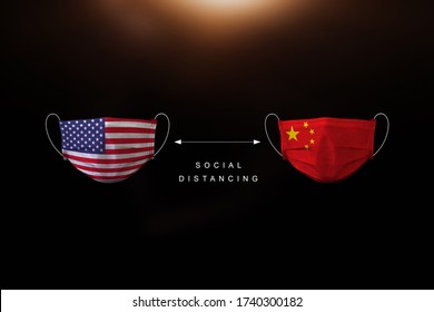 Concept Of Trade War Between USA And China, Medical Protective Mask With China And USA Flag, Health Care And Medical Concept, Coronavirus Covid-19 In Wuhan, Social Distancing New Normal Concept. 